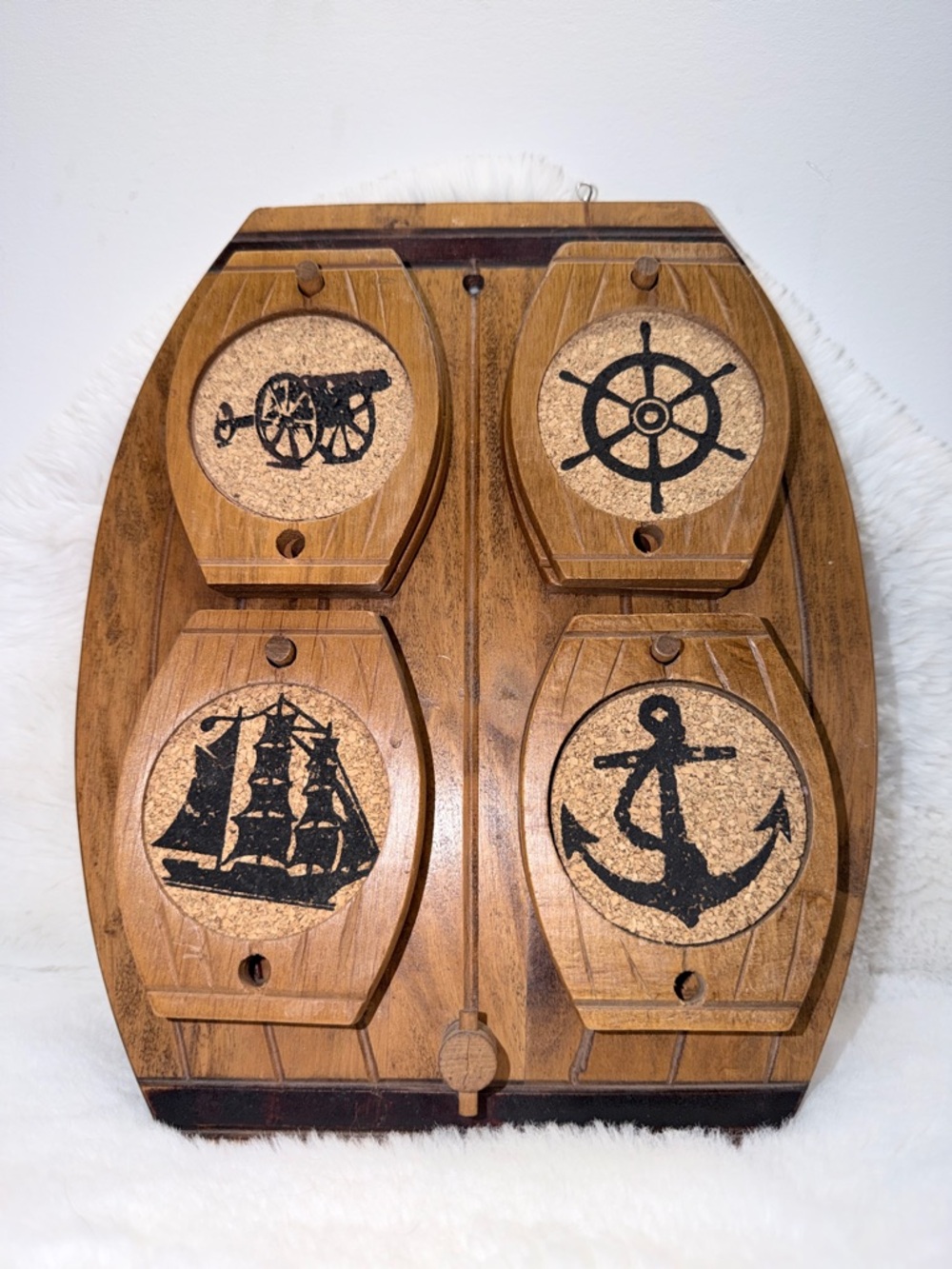 Nautical Wood Beer Keg Wall 8 Coaster Set with Ship and Wheel Motifs - 🚢